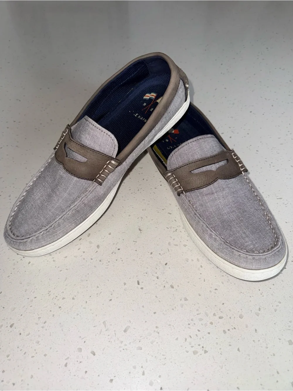 Cole Haan Gray Fabric Slip-On Loafers with Brown Trim